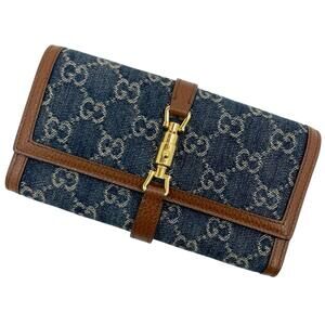 GUCCI Jackie Denim Bi fold Long Wallet Navy Blue Brown